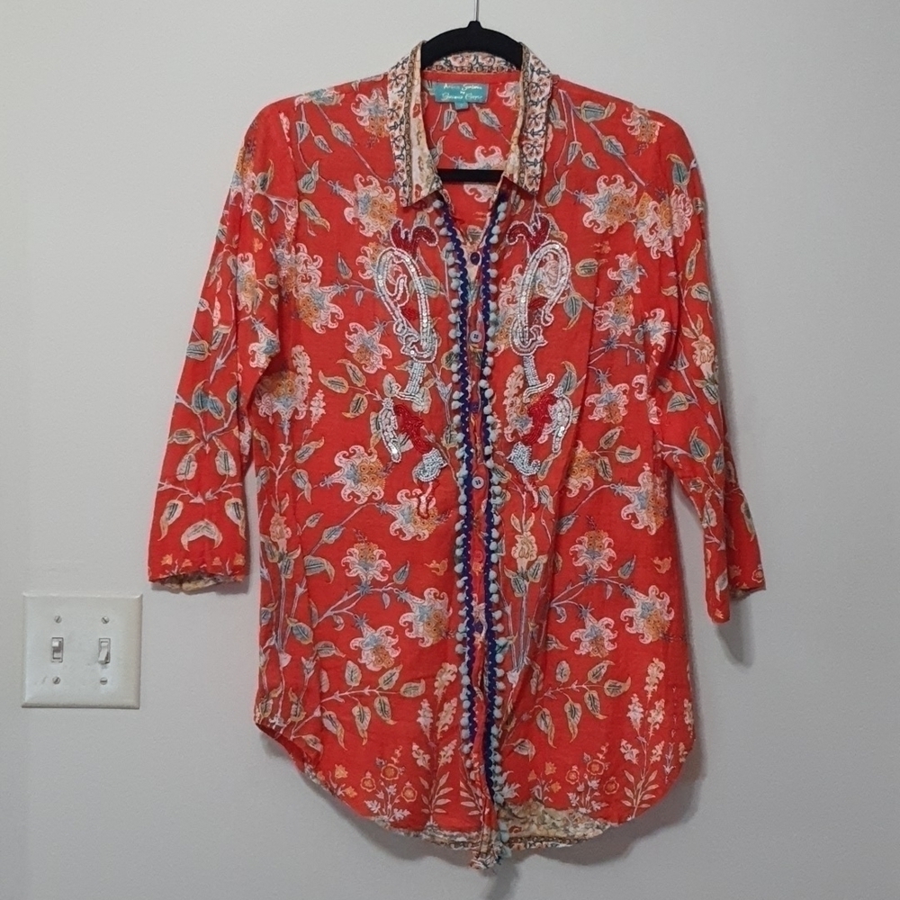Antica Sartoria Beaded Floral Boho Button Down Tunic Shirt